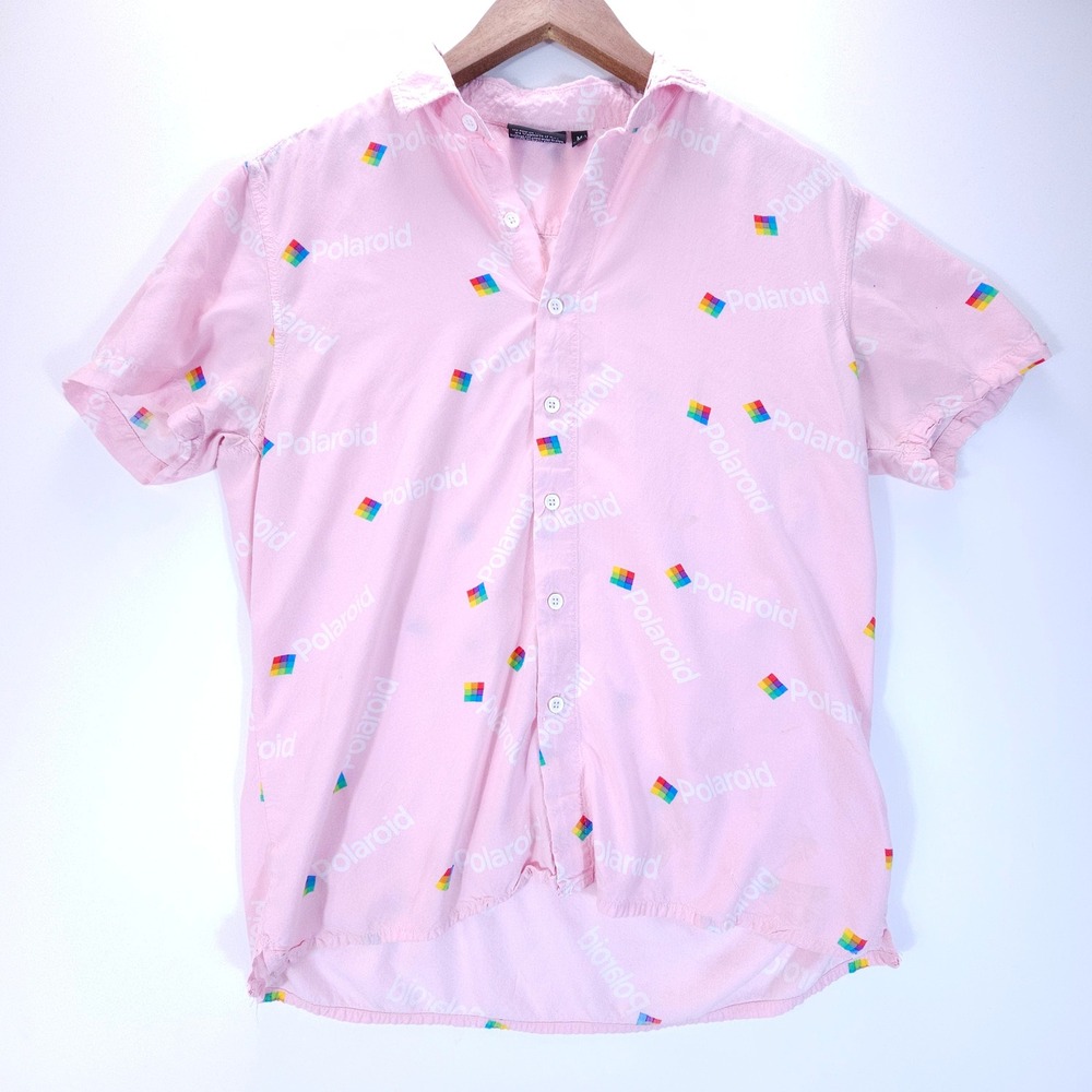 Polaroid Button Up Shirt Mens Medium Pink Rainbow Logo Short Sleeve Vintage Y2K